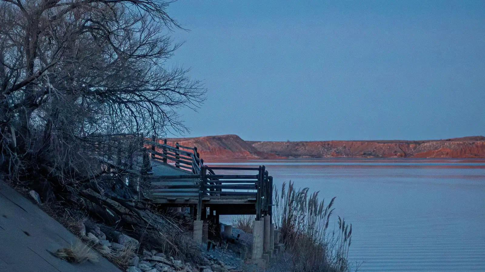 A quiet lake dock at dusk near Conroe, Texas