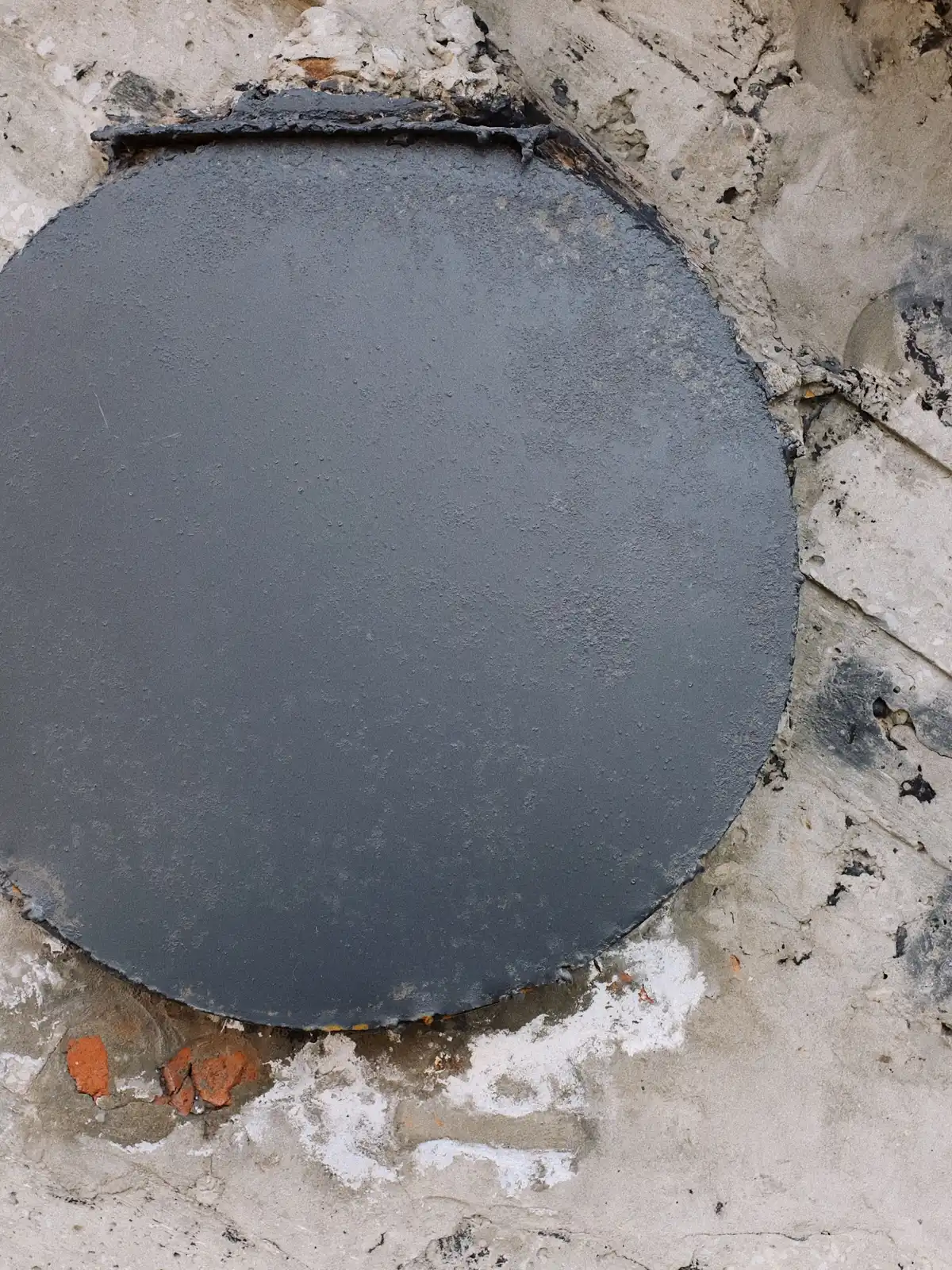 A close-up view of a round metal septic tank access lid