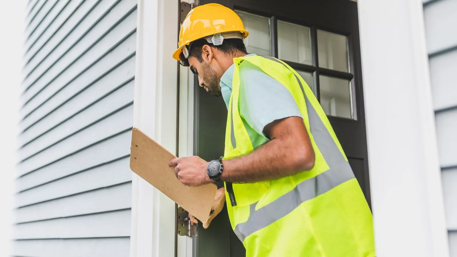 An inspector in a hard hat and safety vest examining a home's exterior with a clipboard